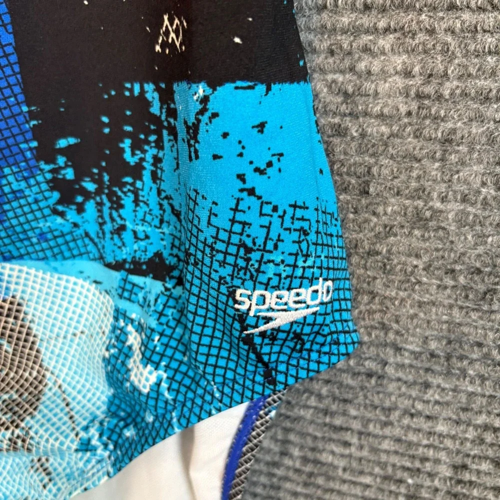 Speedo Endurance+ One Piece Swimsuit Blue Black Abstract Geometric Print Size 10